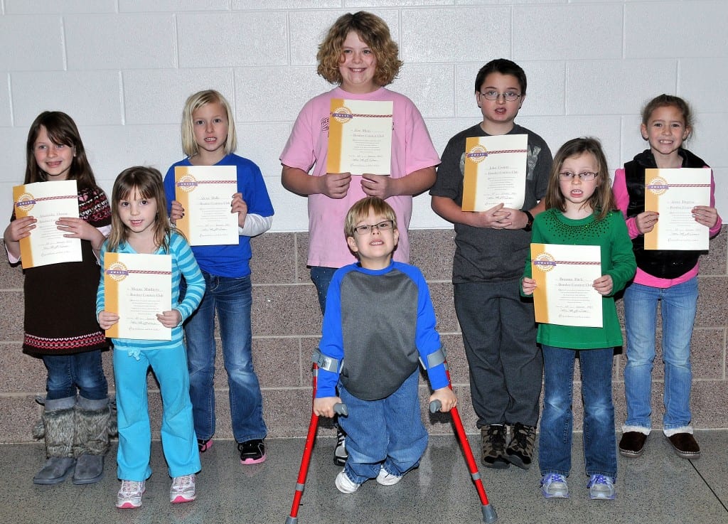 BOMBER COURTESY CLUB … Students at Edon Northwest Local Schools selected for membership into the Bomber Courtesy Club for January 2013 were front row, from left, Megan Matthews, Elliott Mohre, Brianna Fitch and back row, Anastasha Owens, Alexis Dulle, Zoe Maier, John Cooper and Avrey Degryse.  Not pictured ~ Collan Vollmar.  Each student received a special certificate and coupons good for a cookie and ice cream treat from the school cafeteria.  