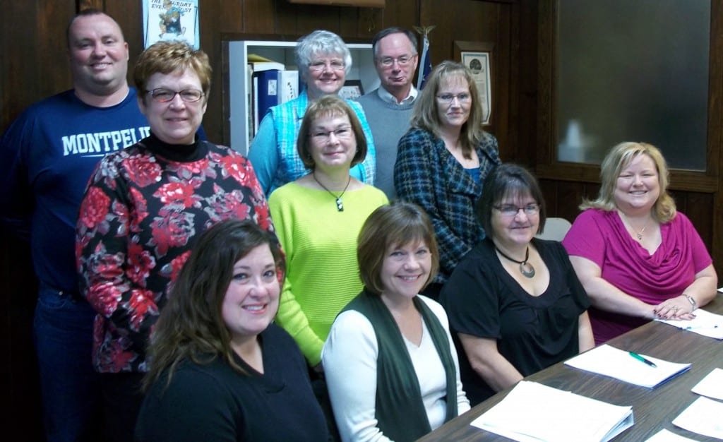 BOARD ... The board of the Montpelier Area Chamber of Commerce welcomed new members and voted on officers at their first meeting of 2013. Members and representatives are (from left to right): Seated Lori Eiteniear-1st VP, Shelley Davis-3rd VP, Susie Osburn-President, and Jeanette Hull. Middle row: Terry Buntain-Executive Director, Chris Lee, and Kandace Potts-Salaz-2nd VP. Back row: Jamie Grime-Montpelier Schools Superintendent, Gloria Osburn, and Rev. Dave Tilly-Ministerial Representative.