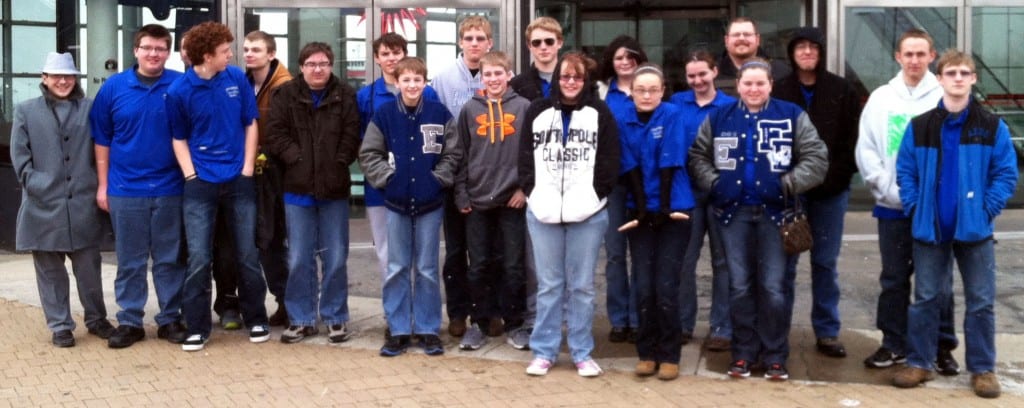 READY TO ROCK … Edon High School Band members pause before taking in some of the featured collections at Cleveland’s Rock and Roll Hall of Fame.  Ready to learn more about Elvis, the Beatles and the Rolling Stones are, front row, from left, Corey Bailey, Corisa Brown, Ciera Mocherman, Emily Kaylor, Derek Jackson, Alex Kochert, Trey Walz, Jim Peckham, Kaden Dulle, and standing, from left, Taylor Schuller, Cheyenne Kimball, Kala Kimball, Hailey Engel, Shane Carter, Chandler Siebenaler, Wyatt Walkowski, Heath Brown, Tyler Frantom and Nic Livengood.