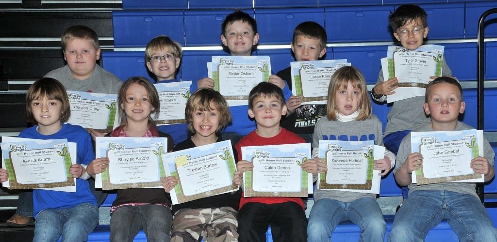 FIRST GRADE BUG AWARDS … First Graders honored for bringing up their grades during the 2012-2013 Second Nine Week Grading Period in Mrs. Hall’s and Mrs. Thiel’s classes were: Front Row (L-R) ~ Alyssa Adams, Shaylee Arnold, Tresten Burlew, Caleb Derico, Savannah Hartman and John Goebel. Back Row (R-L) ~ Clayton Dulle, Elliott Mohre, Skylar Osborn, Lance Reitzel and Tyler Stover.