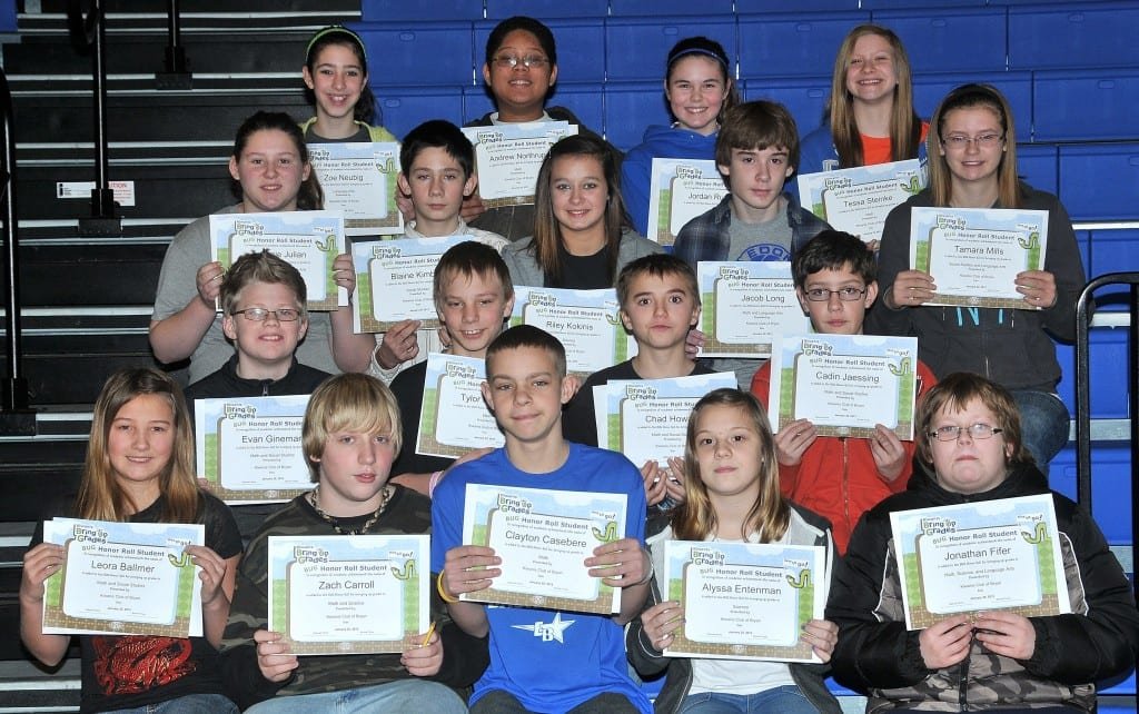 SIXTH GRADE BUG AWARDS … Sixth Graders honored for bringing up their grades during the 2012-2013 Second Nine Week Grading Period in Mrs. Kepler’s and Mrs. Taylor’s classes were: First Row (L-R) ~ Leora Ballmer, Zach Carroll, Clayton Casebere, Alyssa Entenman and Jonathan Fifer. Second Row ~ Evan Gineman, Tylor Hartman, Chad Howard and Cadin Jaessing. Third Row (L-R) ~ Tammie Julian, Blaine Kimball, Riley Kokinis, Jacob Long and Tamara Mills. Fourth Row (L-R) ~ Zoe Neubig, Andrew Northrup, Jordan Runyan and Tessa Steinke.