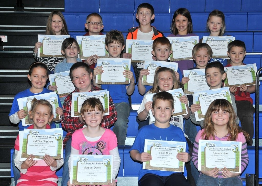 SECOND GRADE BUG AWARDS … Second Graders honored for bringing up their grades during the 2012-2013 Second Nine Week Grading Period in Mrs. Parrish’s and Mrs. Doble’s classes were: First Row (L-R) ~ Cydney Degryse, Meghan Derck, Blake Dulle and Brianna Herr. Second Row (L-R) ~ Emma Hickman, Levi Houser, Hannah Kennedy and Chase Lassen. Third Row (L-R) ~ Tehya Mills, Jack Morris, Caden Nester, Hunter Risler and Collin Sprow. Fourth Row (L-R) ~ Ariana Stephan, Connor Towers, Kalon Weaver, Jade Wiley and Mallory Wofford. Not pictured ~ Garrett Skiles.