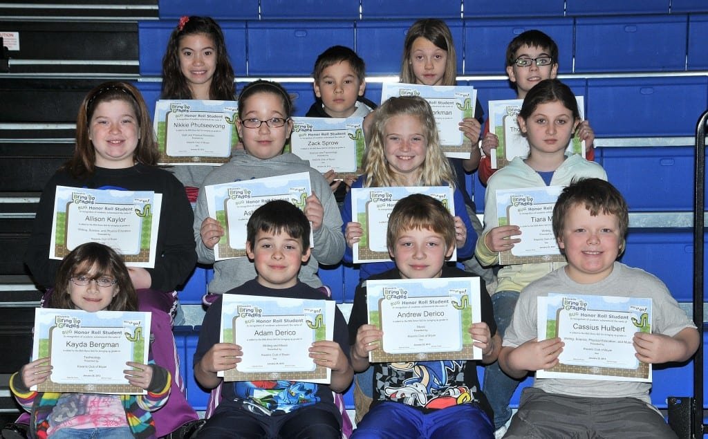 THIRD GRADE BUG AWARDS … Third Graders honored for bringing up their grades during the 2012-2013 Second Nine Week Grading Period in Mrs. Gensler’s and Miss Johnson’s classes were: Front Row (L-R) ~ Kayda Bergman, Adam Derico, Andrew Derico and Cassius Hulbert. Middle Row (L-R) ~ Allison Kaylor, Ashley Kaylor, Carlie Kiess and Tiara Mills. Top Row (L-R) ~ Nikkie Phutseevong, Zack Sprow, Tatum Workman and Thomas Wehrenberg.