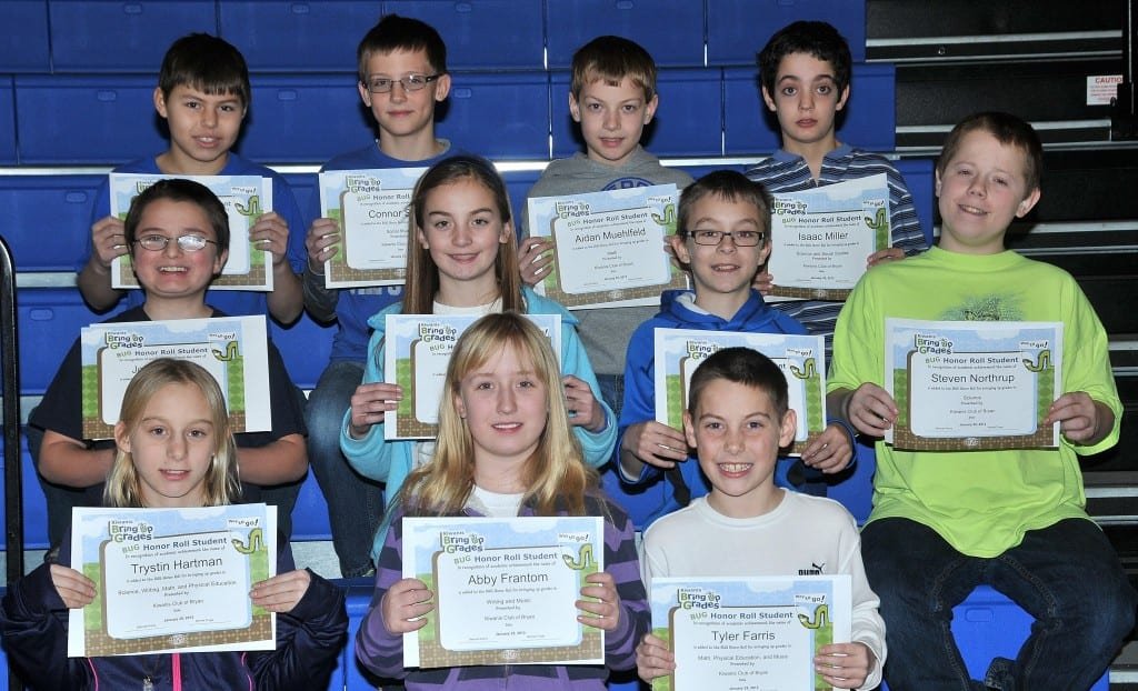 FOURTH AND FIFTH GRADE BUG AWARDS … Mrs. Becker’s and Mrs. Kiess’ Fourth Graders and Miss Free’s and Mr. Gallehue’s Fifth Graders honored for bringing up their grades during the 2012-2013 Second Nine Week Grading Period in classes were: Front Row, from left ~ fourth graders Trystin Hartman, Abby Frantom and Tyler Farris. Middle Row, from left ~ fifth graders John Cooper, Alea Brandt and fourth graders Trey Whitney and Steven Northrup. Top Row, from left ~ fifth graders Shane Zulch, Connor Skiles, Aidan Muehlfeld and Isaac Miller.