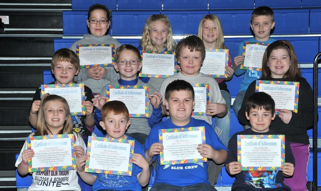 SECOND AND THIRD GRADE AWESOME ACHIEVERS … Edon Northwest Elementary Second and Third Grade students honored as “Awesome Achievers” for receiving all 4s or all 4s and 5s during the 2012-2013 Second Nine Week Grading Period were, front row, from left ~ second graders Hannah Kennedy, Caden Nester and third graders Jayden Craven, Adam Derico.  Middle Row, third graders from left ~ Andrew Derico, Drew Gallehue, Cassius Hulbert and Allison Kaylor.  Top Row, third graders from left ~ Ashley Kaylor, Carlie Kiess, Olivia Mitchell and Ethan Steinke.