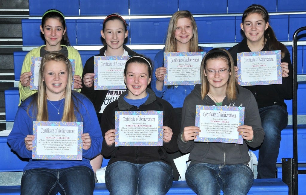 SIXTH GRADE AWESOME ACHIEVERS … Edon Northwest Elementary Sixth Grade students honored as “Awesome Achievers” for receiving all 4s or all 4s and 5s during the 2012-2013 Second Nine Week Grading Period were:  Front Row (L-R) ~ Reagan Gallehue, Faith Livensparger and Tamara Mills. Back Row (L-R) ~ Zoe Neubig, Hallie Schuller, Tessa Steinke and Chloe Thiel.