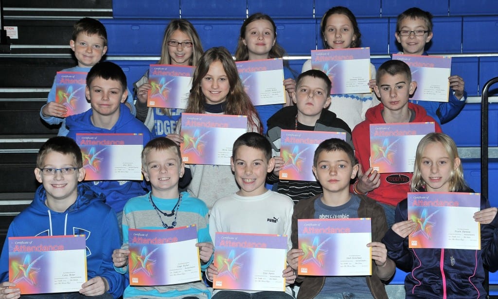 FOURTH GRADE PERFECT ATTENDANCE … Edon Northwest Elementary Fourth Grade Students honored for Perfect Attendance during the 2012-2013 Second Nine Week Grading Period were:  Front Row (L-R) ~ Casey Bonar, Gage Eicher, Tyler Farris, Isiah Geiselman and Trystin Hartman.  Middle Row (L-R) ~ Alex Herr, Alyssa Lautzenhiser, Taj Mitchell and Zach Muehlfeld.  Top Row (L-R) ~ Hayden Price, Brianna Rhoden, Jasmine Richter, Samantha Ridgway and Trey Whitney.  Not pictured ~ Kendall Hantz.