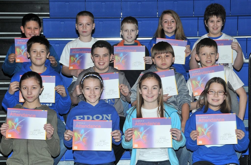 FIFTH GRADE PERFECT ATTENDANCE … Edon Northwest Elementary School Fifth Grade students honored for Perfect Attendance during the 2012-2013 Second Nine Week Grading Period were:  Front Row (L-R) ~ Hannah Ater, Riley Bloir, Alea Brandt and Caitlyn Dietsch. Middle Row (L-R) ~ Jacob Dulle, Austin Kiess, Dylan Mason and Chase Reed.  Top Row (L-R) ~ Blaze Resendez, Kelby Sapp, Cameron Siebenaler, Mallory Trausch and Natasha Warner.