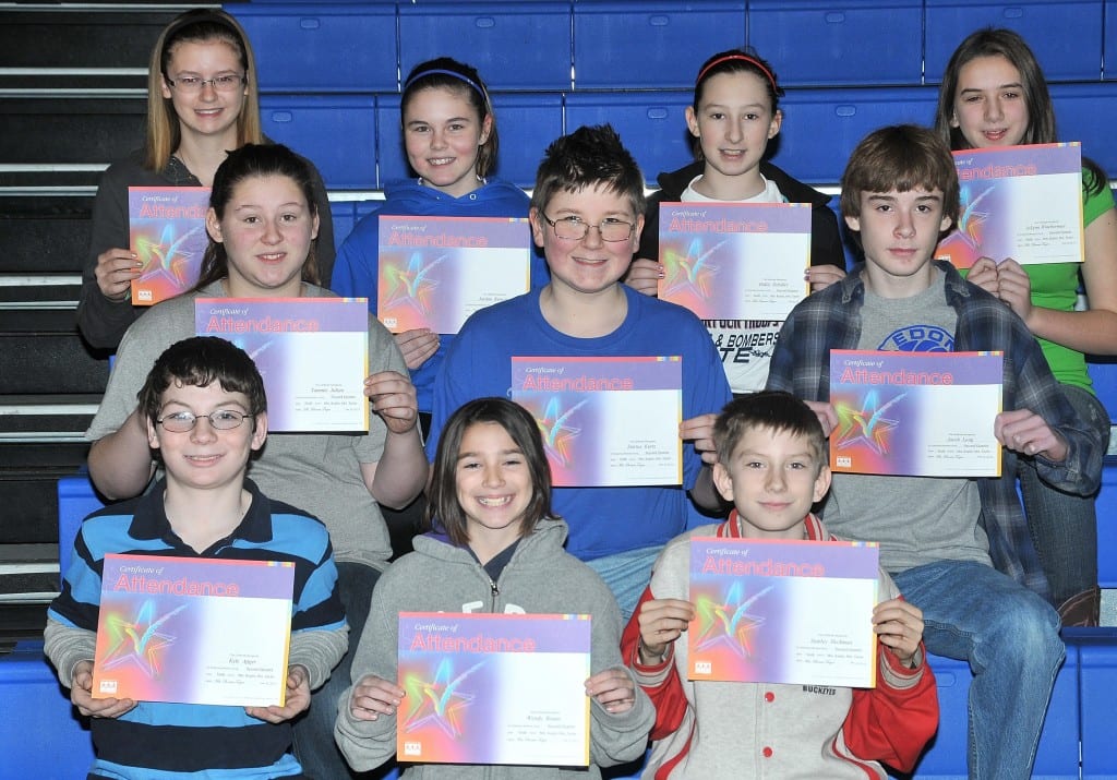 SIXTH GRADE PERFECT ATTENDANCE … Edon Northwest Elementary Sixth Grade Students honored for Perfect Attendance during the 2012-2013 Second Nine Week Grading Period were:  Front Row (L-R) ~ Kyle Apger, Wendy Braun and Stanley Heckman.  Middle Row (L-R) ~ Tammie Julian, Darius Kurtz and Jacob Long.  Top Row (L-R) ~ Tamara Mills, Jordan Runyan, Hallie Schuller and JoLynn Winebernner.
