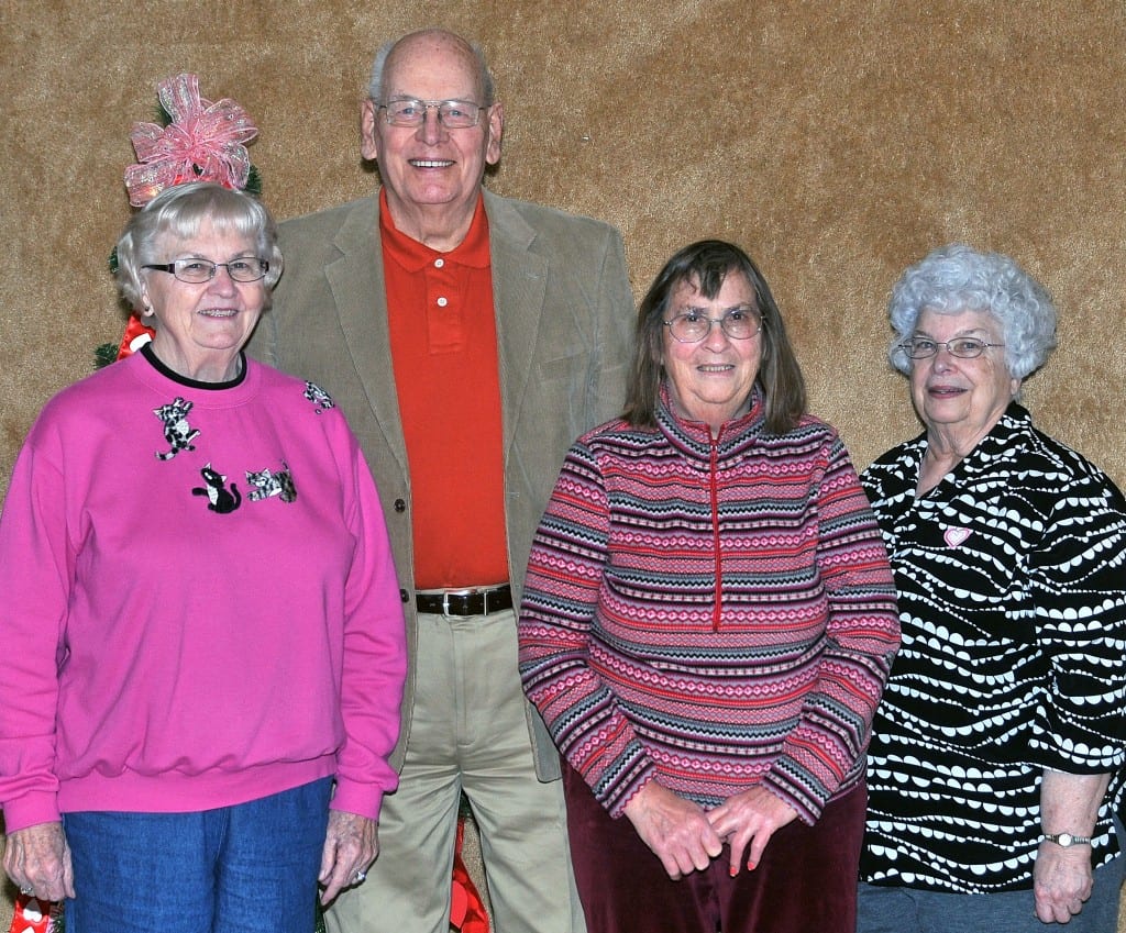 SPECIAL DAY … Celebrating birthdays at the Edon Senior Center on Thursday, February 14, 2013 were, from left, Lucy Bauer, Karl Mauerhan, Mary Ann Shilling and Shirley Aldrich.  St. Joseph Catholic Church provided this month’s special table favors and birthday gifts.