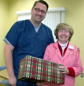 Dr. Tyler Pittman, Montpelier dentist, left, was guest speaker for the CHWC-Montpelier Hospital Auxiliary Monday, Feb. 11th. He is pictured with Armeda Sawmiller, member of the program committee, who presented him with an appreciation gift.  