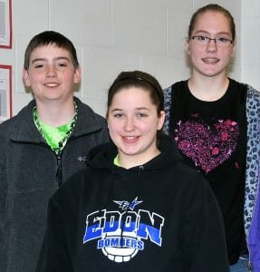 MIDDLE SCHOOL HONORS BAND AND CHOIR … Hannah Kaylor (center), an eighth grader at Edon Northwest Local Schools, participated in the Ohio Music Education Association’s District 1 Honors Festival held Sunday afternoon, January 20, 2013 at the Stranahan Theatre in Toledo.  After submitting her saxophone audition tape, Hannah was selected to join middle school band students from schools throughout Northwest Ohio for this annual event.  Featured guest clinician for the Honors Band was Mr. Jeffrey D. Shellhammer, lecturer in the School of Music at The Ohio State University.  Hannah is a member of the Edon Junior High Band directed by Mrs. Stephanie Bonitz.  Also participating in the Honors Festival were eighth graders Evan Fisk and Alyson Bergdall.  The tenor and soprano vocalists, selected through audition tapes as well, were part of the Middle School Honors Choir directed by guest clinician Dr. Ann Usher, Associate Professor of Music at the University of Akron.  They are members of the Edon Junior High Choir under the direction of Mrs. Cathy Frastaci.