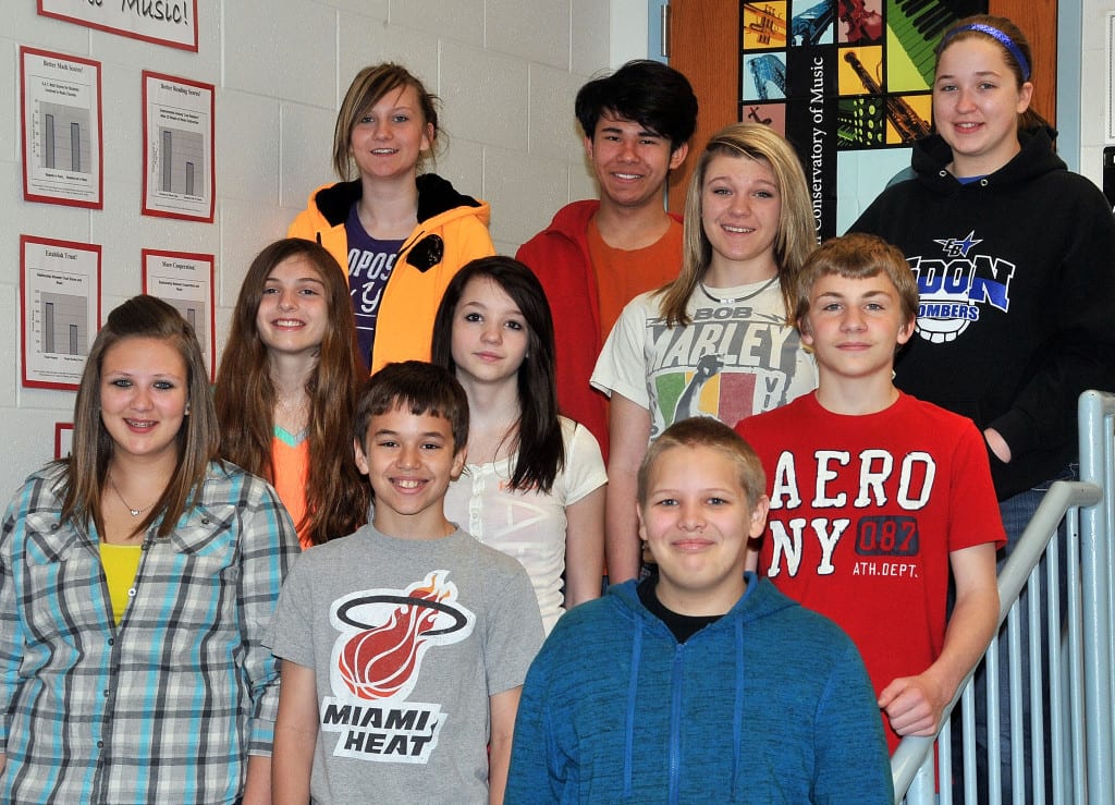 INSTRUMENTAL SOLO AND ENSEMBLE PARTICIPANTS … Participating in the 2013 OMEA District 1 Junior High Solo and Ensemble adjudicated event were, from left, front row, Alyssa Maier, Logan Bloir, Steven Kuhn; middle row, Karissa Sonneberger, Destiney Icenhour, Hunter Hodapp; back row, Selena Heckman, Thor Dunkle, Maggi Carter, Hannah Kaylor.  Not pictured ~ Levi Eitniear and Autumn Scher.