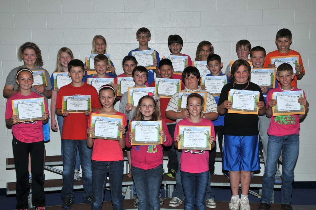 FIFTH GRADE BUG AWARDS … Fifth Graders honored for bringing up their grades during the 2012-2013 Fourth Nine Week Grading Period in Miss Free’s and Mr. England’s classes were:  Front row, from left, Hannah Ater, Michelle Bailey and Riley Bloir.  Second row, from left, Alea Brandt, Jacob Dulle, Clayton Fitch, Chase Goebel, Arianna Howard and Kase Hug.  Third row, from left, Zoe Maier, Brooklyn Morris, Aidan Muehlfeld, Cortney Pease, Blaze Resendez, Keagen Romine and Kelby Sapp.  Back row, from left, Ashlynne Shaw, Connor Skiles, Natasha Warner, Naudia Warner, Nick Weidner and Shane Zulch.  Not pictured ~ Jonathan Gray, Kayla Kurtz, Dylan Mason and Tyler Trevino.
