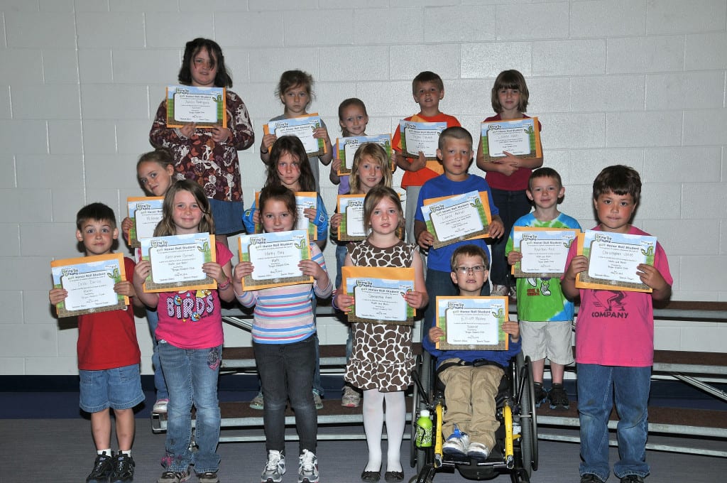FIRST GRADE BUG AWARDS … First Graders honored for bringing up their grades during the 2012-2013 Fourth Nine Week Grading Period in Mrs. Hall’s and Mrs. Thiel’s classes were:  Front row, from left, Caleb Derico, Katrionna Grimes, Haley Guy, Samantha Hake, Elliott Mohre and Christopher Joice.  Middle row, from left, McKenzie Main, Anastasha Owens, Taylor Pack, Lance Reitzel and Ashton Rice.  Back row, from left, Ashlin Rodriguez, Baylee Scher, Kendall Siebenaler, Peyton Trausch and Lainee Wells. 