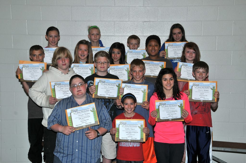 SIXTH GRADE BUG AWARDS … Sixth Graders honored for bringing up their grades during the 2012-2013 Fourth Nine Week Grading Period in Mrs. Kepler’s and Mrs. Taylor’s classes were:  Front row, from left, Schylar Bergman, Wendy Braun and Alyssa Brunet.  Second row, from left, Zach Carroll, Evan Gineman, Tylor Hartman and Stanley Heckman.  Third row, from left, Chad Howard, Faith Livensparger, Zoe Neubig, Andrew Northrup and Shaleah Orner.  Back row, from left, Hallie Schuller, Candace Shaw, Shannon Speicher and JoLynn Winebernner.