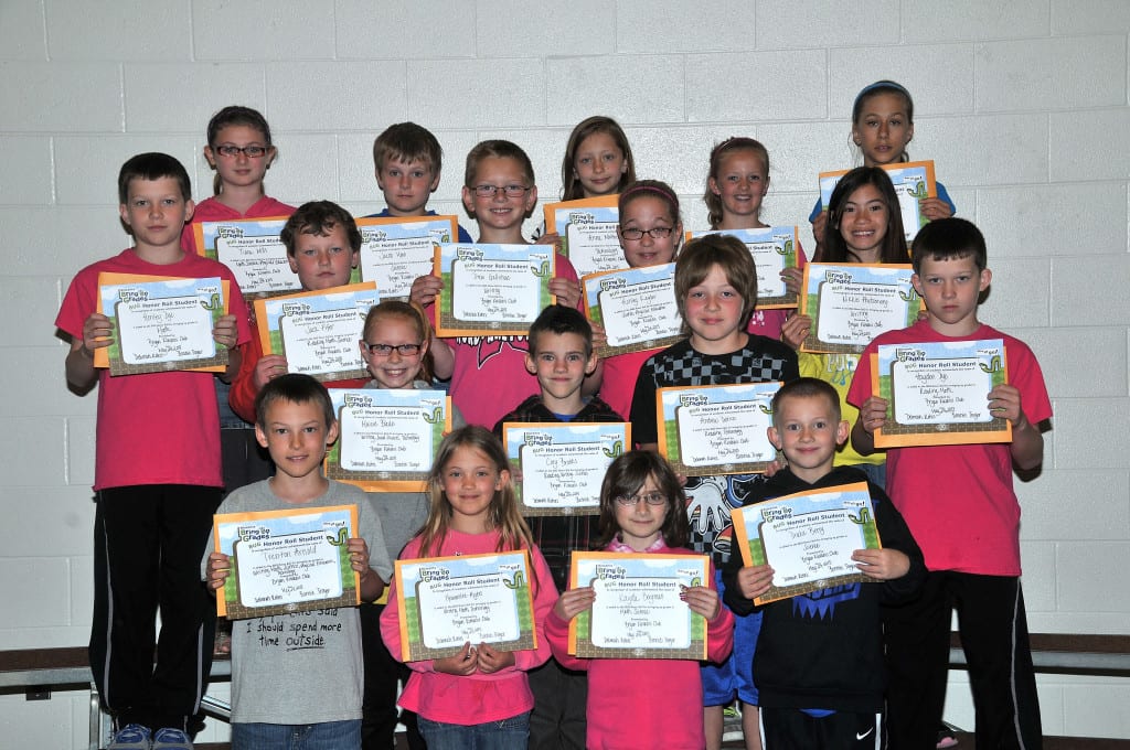THIRD GRADE BUG AWARDS … Third Graders honored for bringing up their grades during the 2012-2013 Fourth Nine Week Grading Period in Mrs. Gensler’s and Miss Johnson’s classes were: Front row, from left, Trenton Arnold, Heavenlee Ayers, Kayda Bergman and Drake Berry. Second row, from left, Maicie Blade, Cory Brooks, Andrew Derico and Hayden Dye.  Third row, from left, Henley Dye, Jack Fifer, Drew Gallehue, Ashley Kaylor and Nikkie Phutseevong.  Back row, from left, Tiara Mills, Jacob Moon, Anna Northrup, Kerrin Towers and Breanna Heinze.