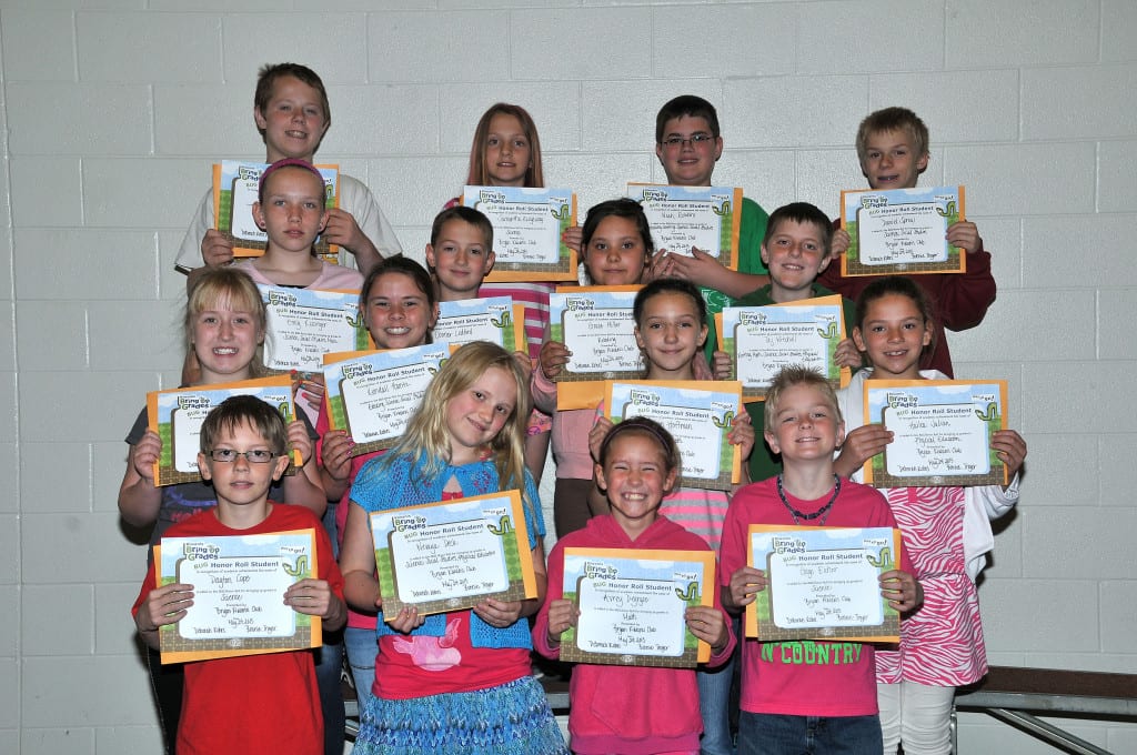 FOURTH GRADE BUG AWARDS … Fourth Graders honored for bringing up their grades during the 2012-2013 Fourth Nine Week Grading Period in Mrs. Becker’s, Mrs. Kiess’ and Mrs. Snyder’s classes were:  Front row, from left, Dayton Cope, Nevaya Deck, Avrey Degryse and Gage Eicher.  Second row, from left, Abby Frantom, Kendall Hantz, Coleen Hoffman and Hailea Julian.  Third row, from left, Emily Kissinger, Connor Ledford, Grace Miller and Taj Mitchell.  Back row, from left, Steven Northrup, Samantha Ridgeway, Noah Robbins and Daniel Sprow.