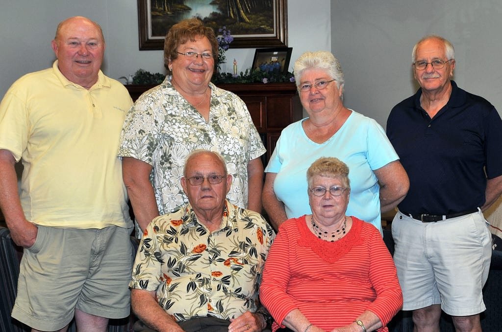 SPECIAL DAYS … June Anniversary couples honored at Montpelier Senior Center on Thursday, June 13, 2013 were seated, Frank and Donna Stahler (59th Wedding Anniversary) and standing, Fred and Rose Lemke (47th Wedding Anniversary and Fred’s birthday) and Ruth and Don Ramsey (50th Wedding Anniversary and the couple’s birthdays).