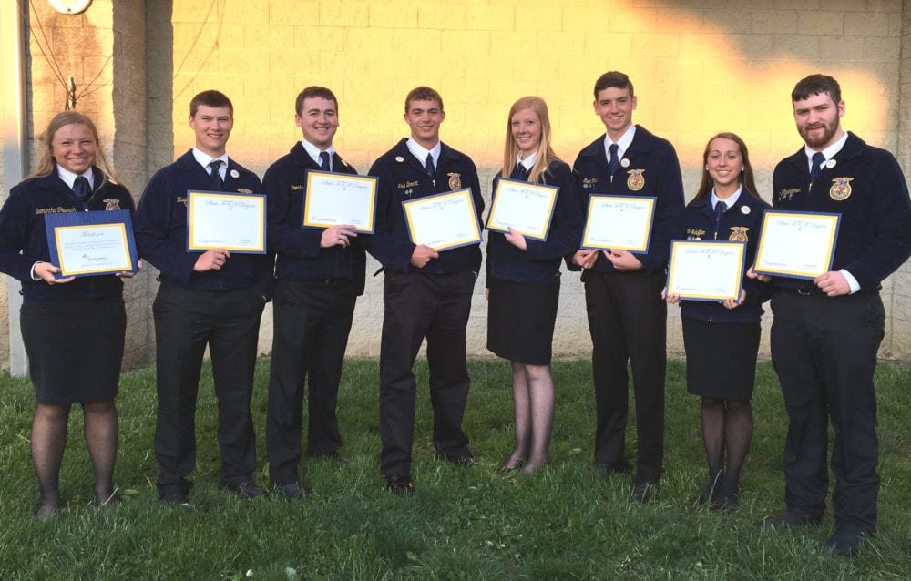 Edon FFA Updates May2016 - PROVIDED (4) WEB - The Village Reporter Setting a new chapter record, eight Edon FFA members received their State FFA Degrees at this year’s convention. Recipients from left were: Samantha Trausch, Hayden Runyan, Preston Klingler, Levi Brandt, Carley Muehlfeld, Evan Fisk, Paige Schaffter and Jordan Winebernner.