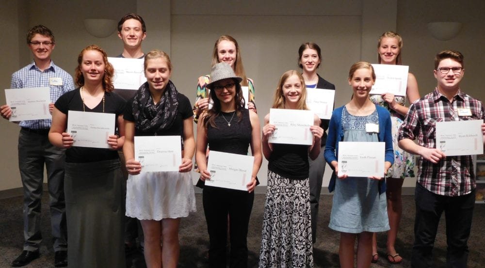 BSAC summer arts scholarships WEB - The Village Reporter Scholarship Recipients are: 1st row: Emma Kwiatkowski, Deanna Herr, Morgan Bland, Riley Mutscheller, Leah Pitman, Ryan Eckhardt. Back row: Matthew Wachtman, Mason Bassett, Elizabeth Parsell, Paige Moden, Peyton Spieth. Not pictured: Alicia Barhite, Jessica Harmon, Samantha Keil.