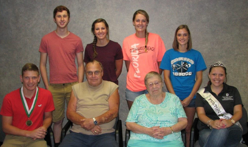016 Fulton County 4-H Scholarship recipients and sponsors: (Rear standing left to right): Casen Burkholder (son of Randy & Carol of Fayette), Rylee Ruger (daughter of Steve & Julia of Fayette), Alexis Fruchey (daughter of Corey & Melanie of Fayette) and Ashtyn Mathews (daughter of Amanda Wohlgamuth of Metmora) (Front row seated left to right): TJ Baker (son of Tom & Kim of Swanton) , Don McQuillin of Wauseon (representative for the Tonia McQuillin Scholarship), Arlene Stoup of Swanton (representative for the Cook Memorial and Recognition Award), Jolyssa Tedrow (daughter of Alex & Tina of Wauseon).