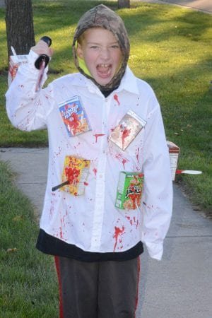chwc-5k-tk-013 - The Village Reporter CAP’N CRUNCH’S WORST NIGHTMARE … Eight year old ‘Cereal Killer’ Hayden Veres of Bryan shows off his Halloween costume prior to the judging event.