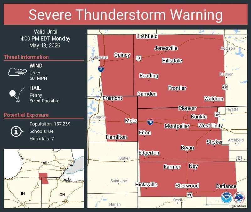 NWS Severe Thunderstorm Warning map - Williams & Defiance counties