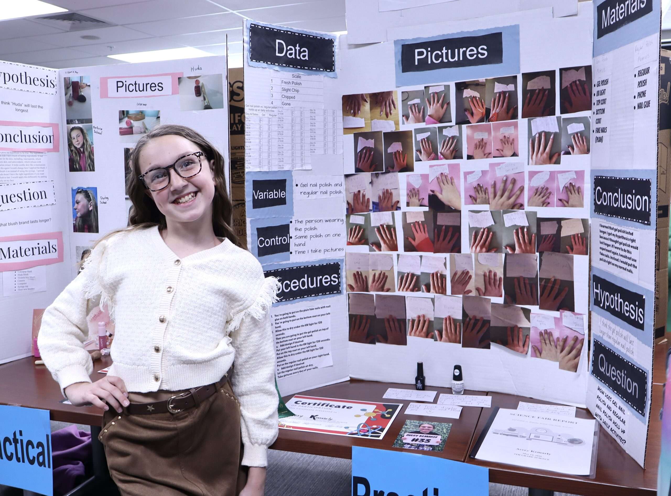 Avery Kemarly’s science fair project tested which type of nail polish lasts the longest.
