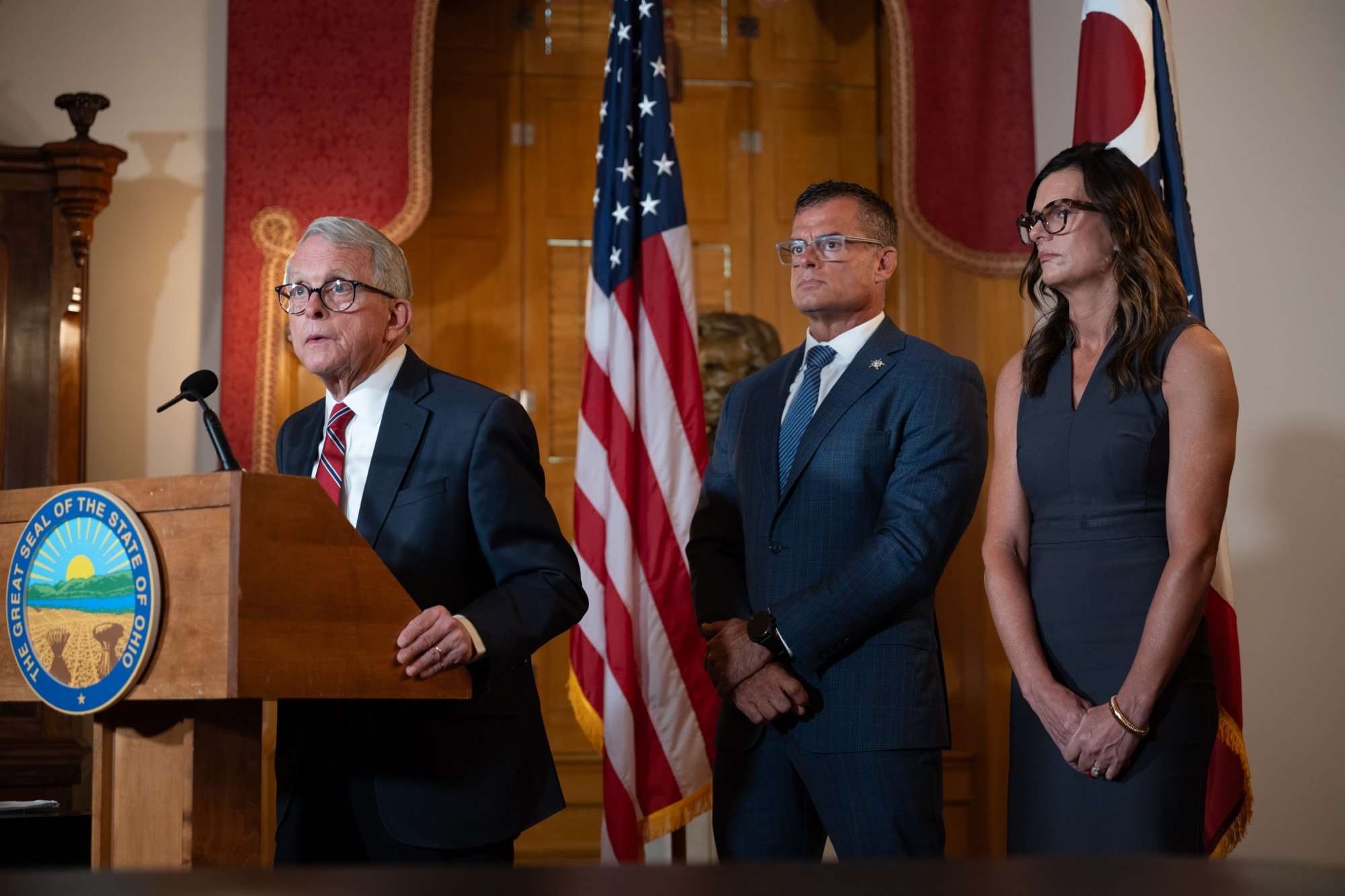 Ohio Governor Mike DeWine announced the appointment of Andy Wilson, Ohio Director of Public Safety, as the new Ohio Attorney General. Wilson’s wife, Libby Wilson, joined them for the announcement.