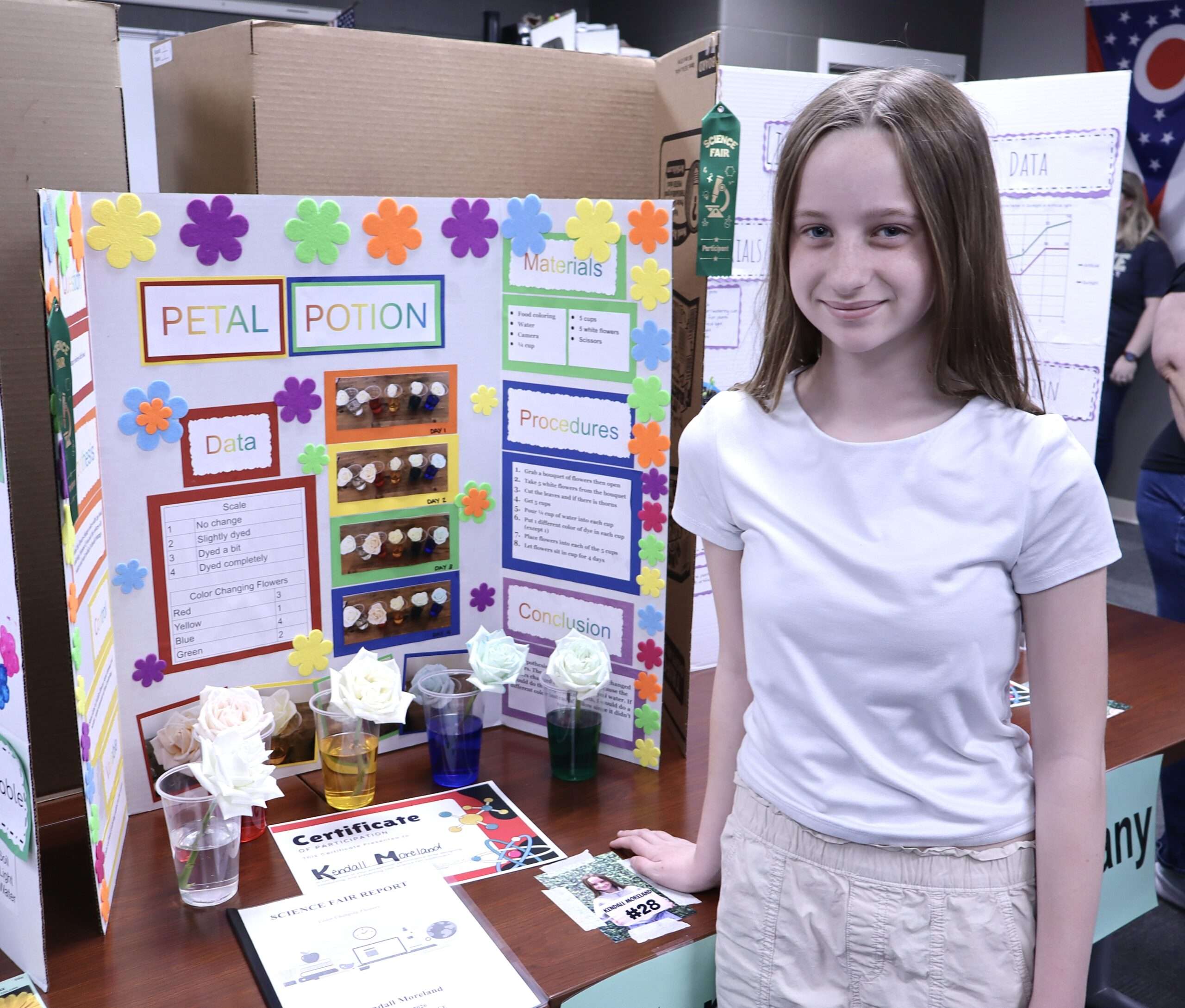Kendall Moreland’s “Petal Potion” project demonstrated how white flowers change the color of their petals when watered with dye.