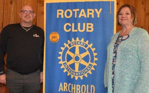 Chad Baus presents Car 1's 100th anniversary history to Archbold Rotary Club