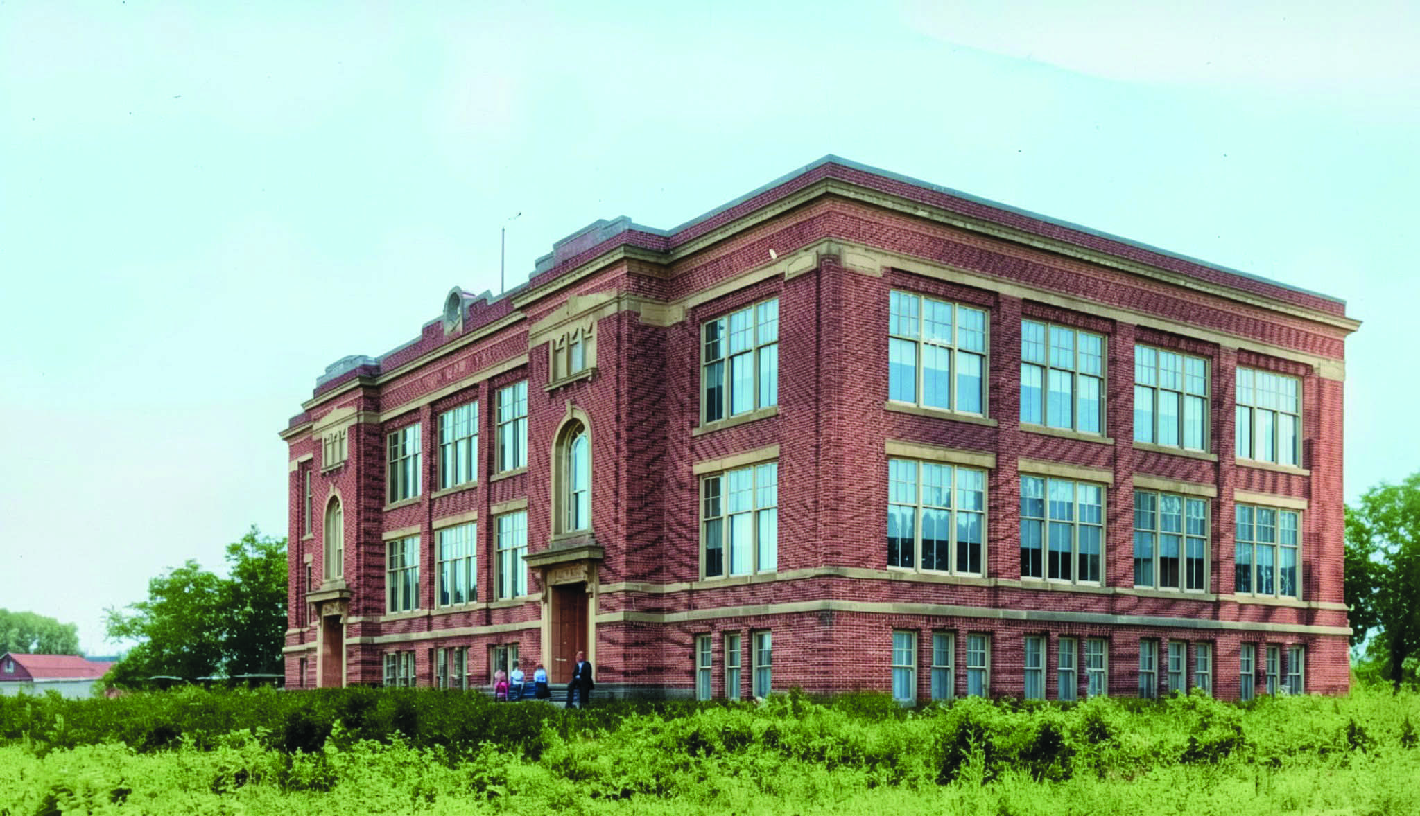 Colorized vintage image of the former West Unity High School