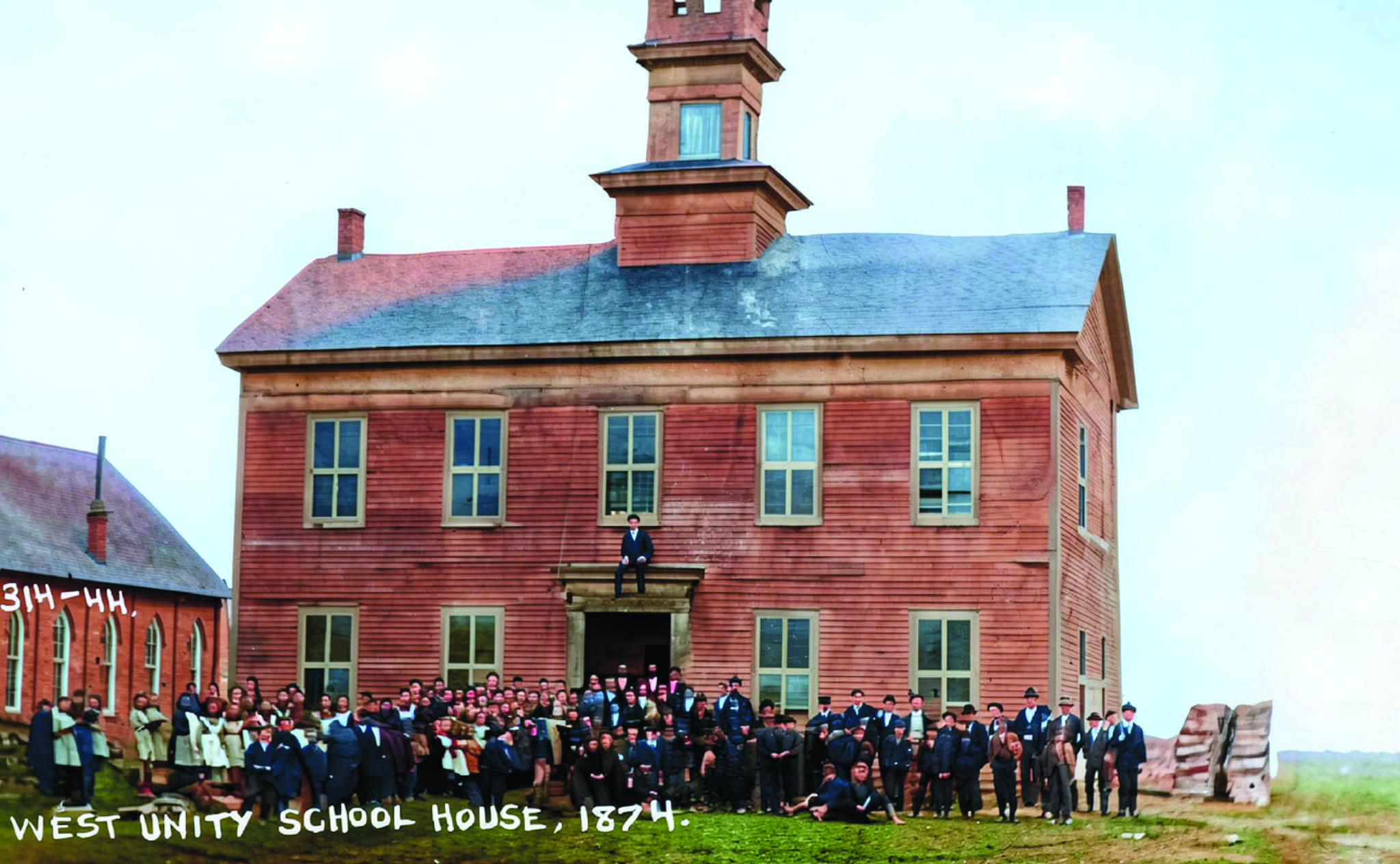 Colorized photograph of West Unity School House, circa 1874 — the 1854 school building