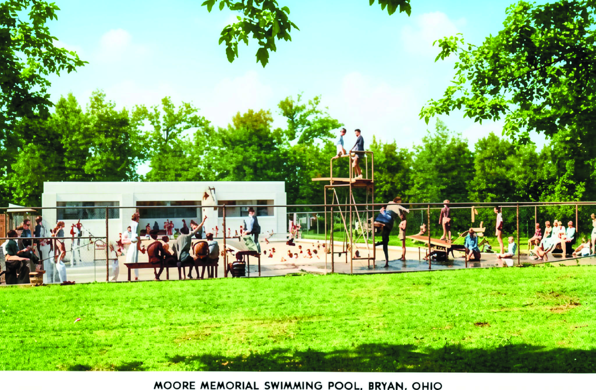 Colorized postcard of the Moore Memorial Swimming Pool in Bryan, Ohio, postmarked 1951