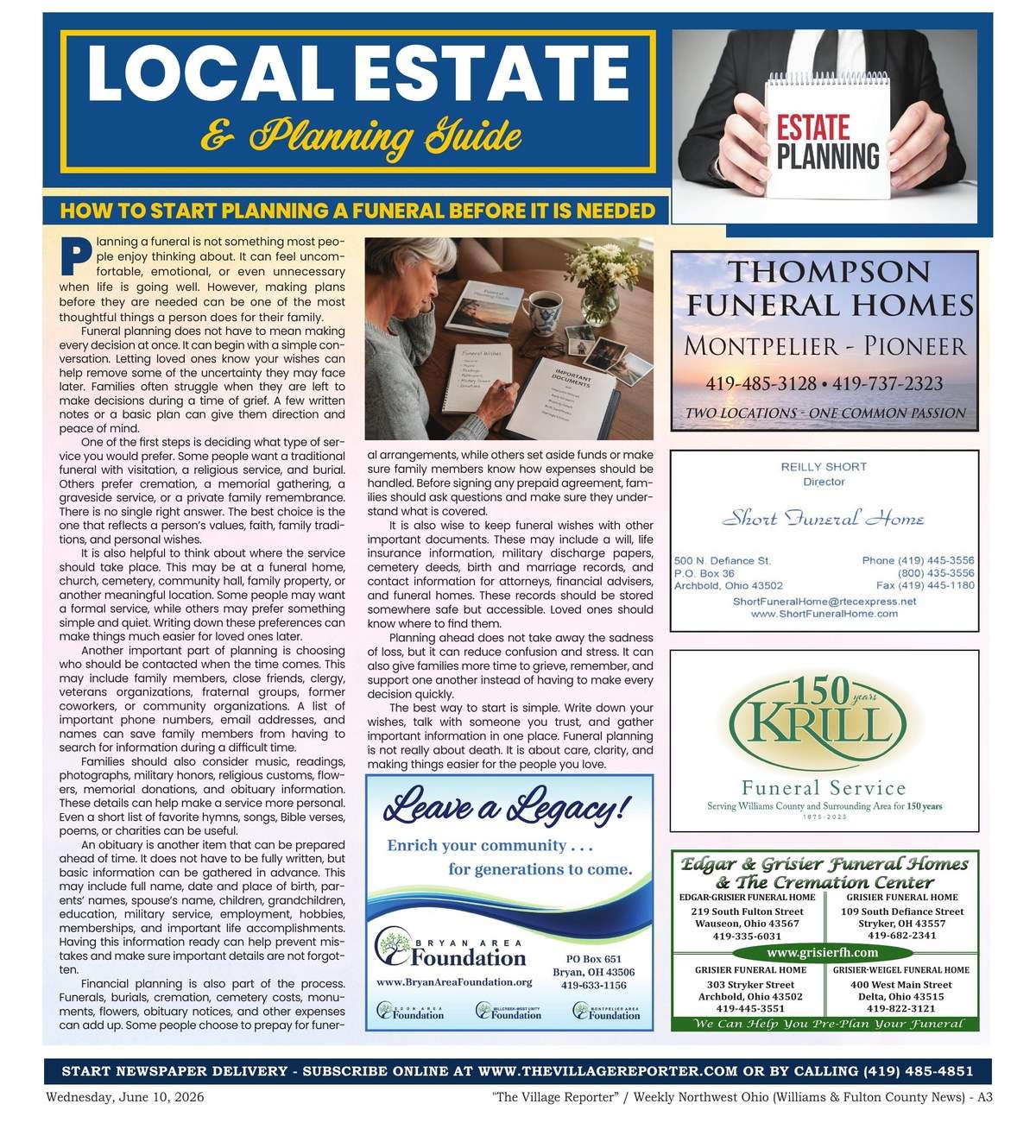 The Village Reporter Local Estate & Planning Guide feature, June 2026.