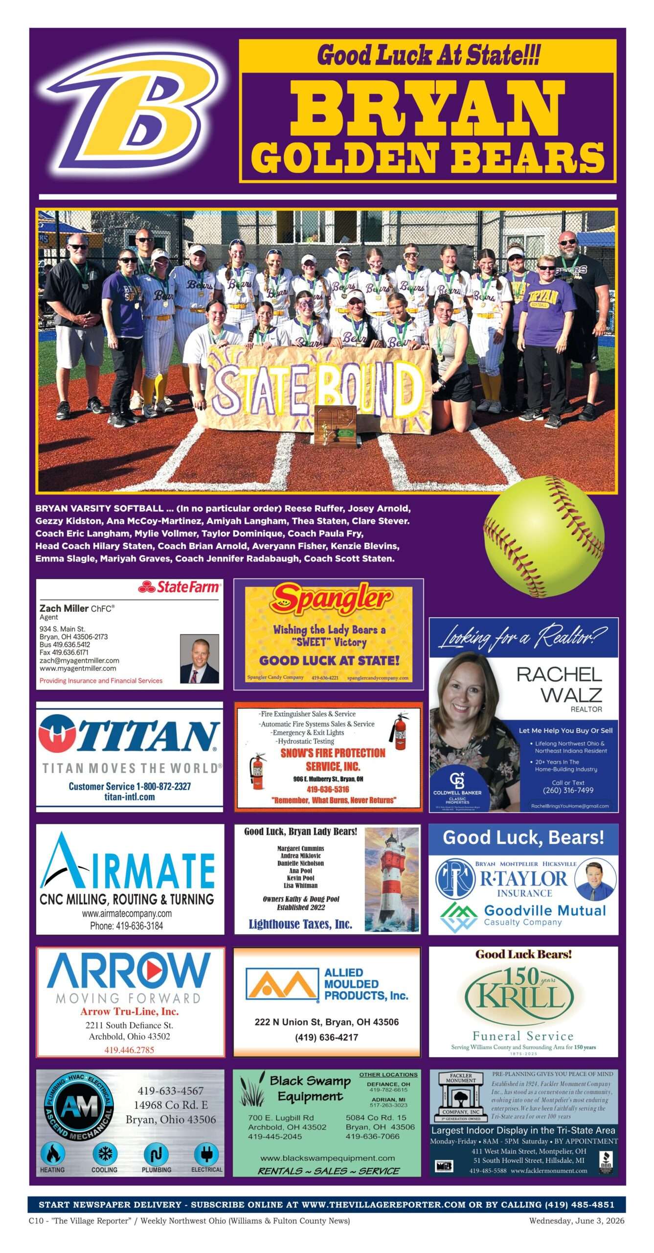 Bryan Golden Bears varsity softball State Bound — The Village Reporter Good Luck page
