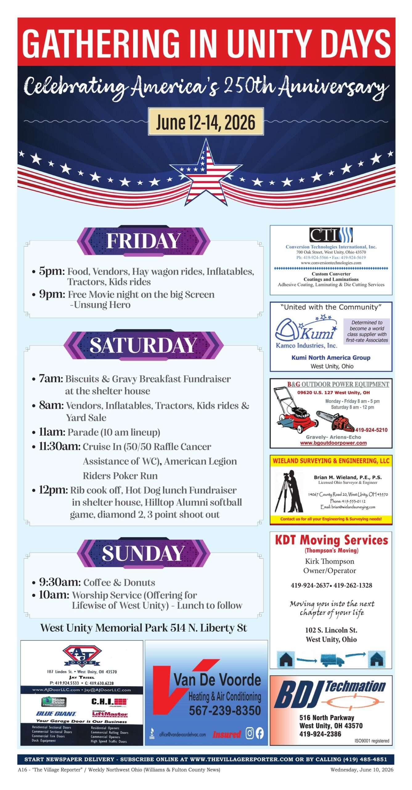 Gathering In Unity Days 2026 promotional page, West Unity, June 12-14