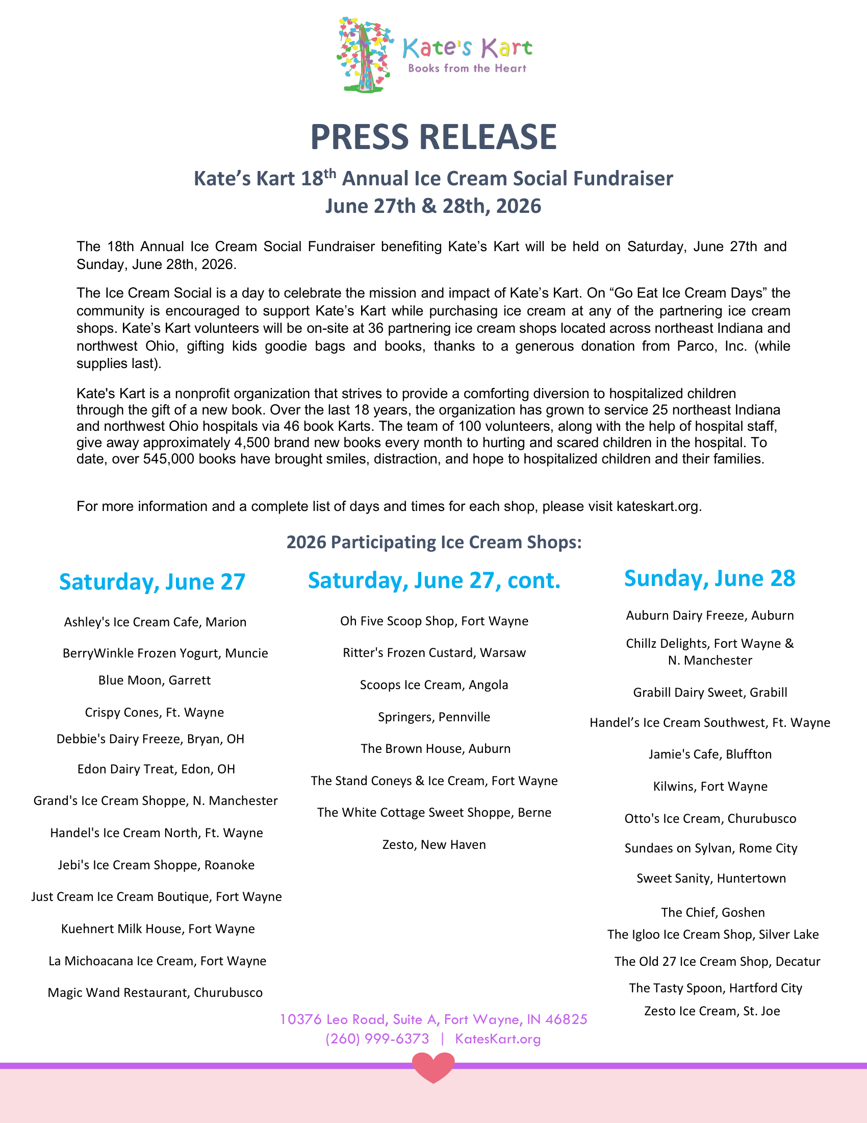 Kate's Kart 2026 Ice Cream Social flyer with the full list of participating shops