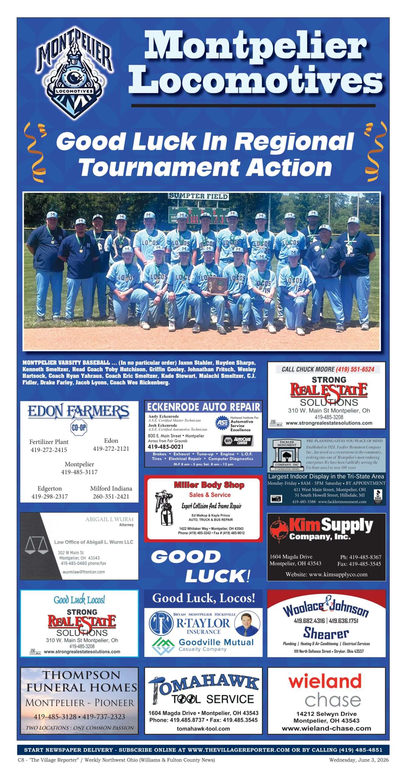 Montpelier Locomotives varsity baseball Regional Tournament — The Village Reporter Good Luck page