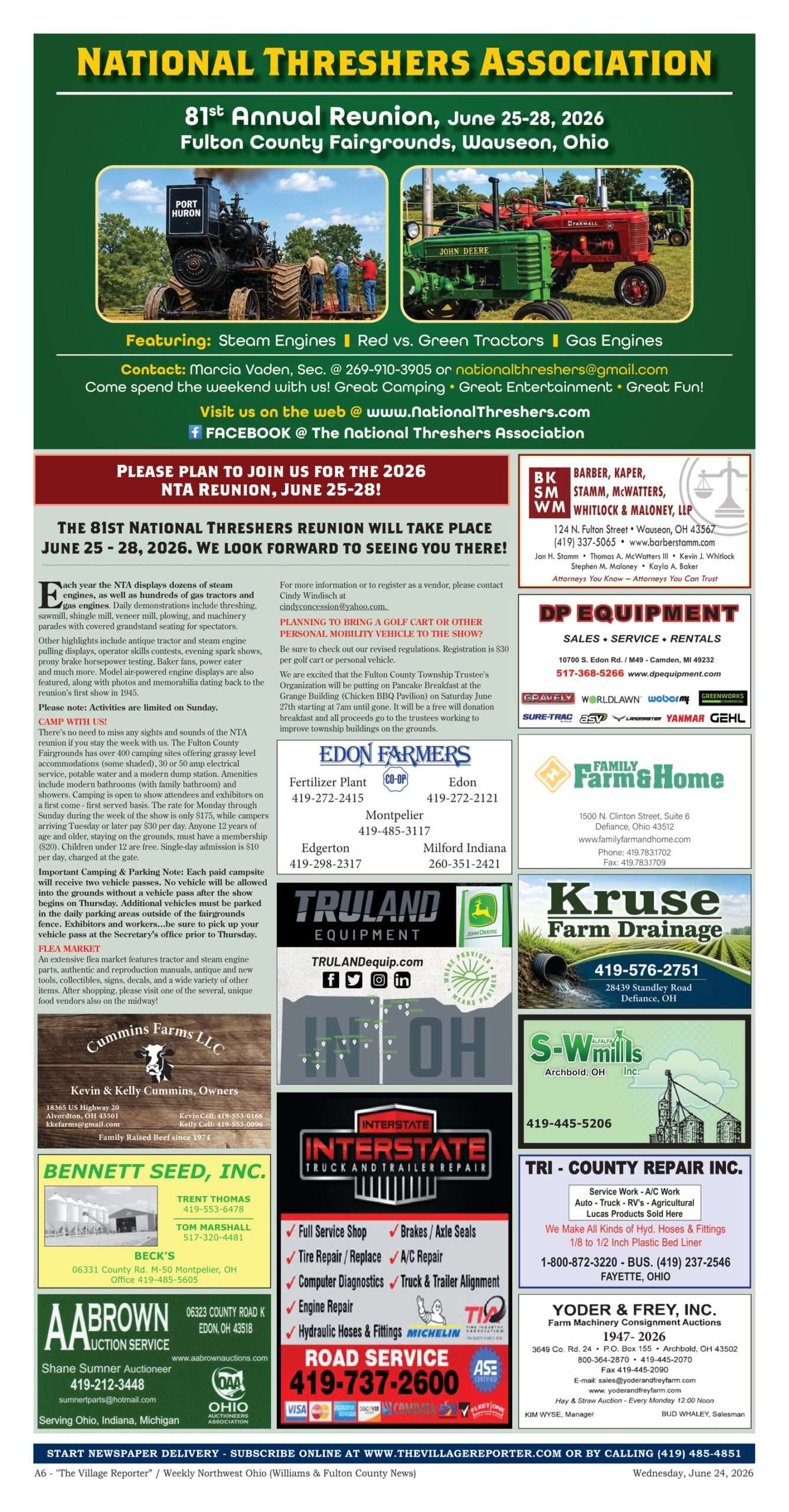 National Threshers Association 81st Annual Reunion full page, June 24, 2026 edition.