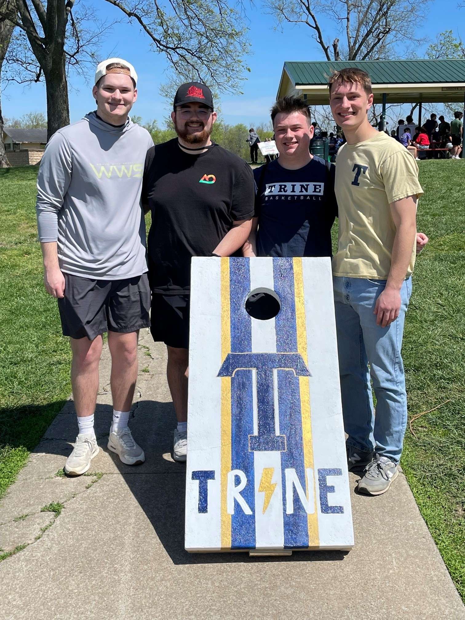 Trine University civil engineering students, from left, Justin Beck of Charlotte, Michigan, Evan Seacatt of Miamisburg, Ohio, Brody Fox of Rushville, Indiana, and Derek Maag of Ottawa, Ohio, took second place in the ASCE concrete cornhole competition.