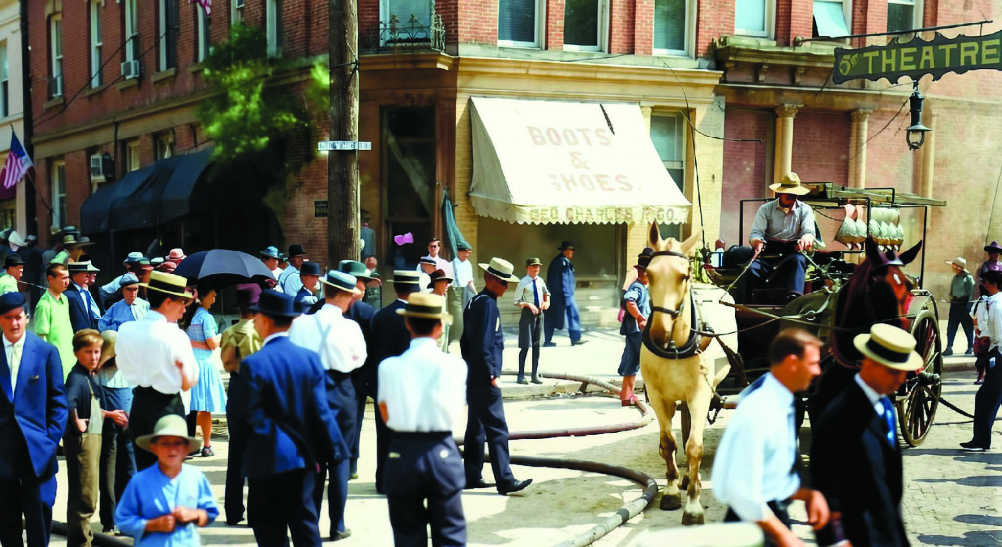 Colorized July 21, 1910 photograph of the Oxenger millinery fire on the northeast corner of High and Lynn streets in Bryan, Ohio