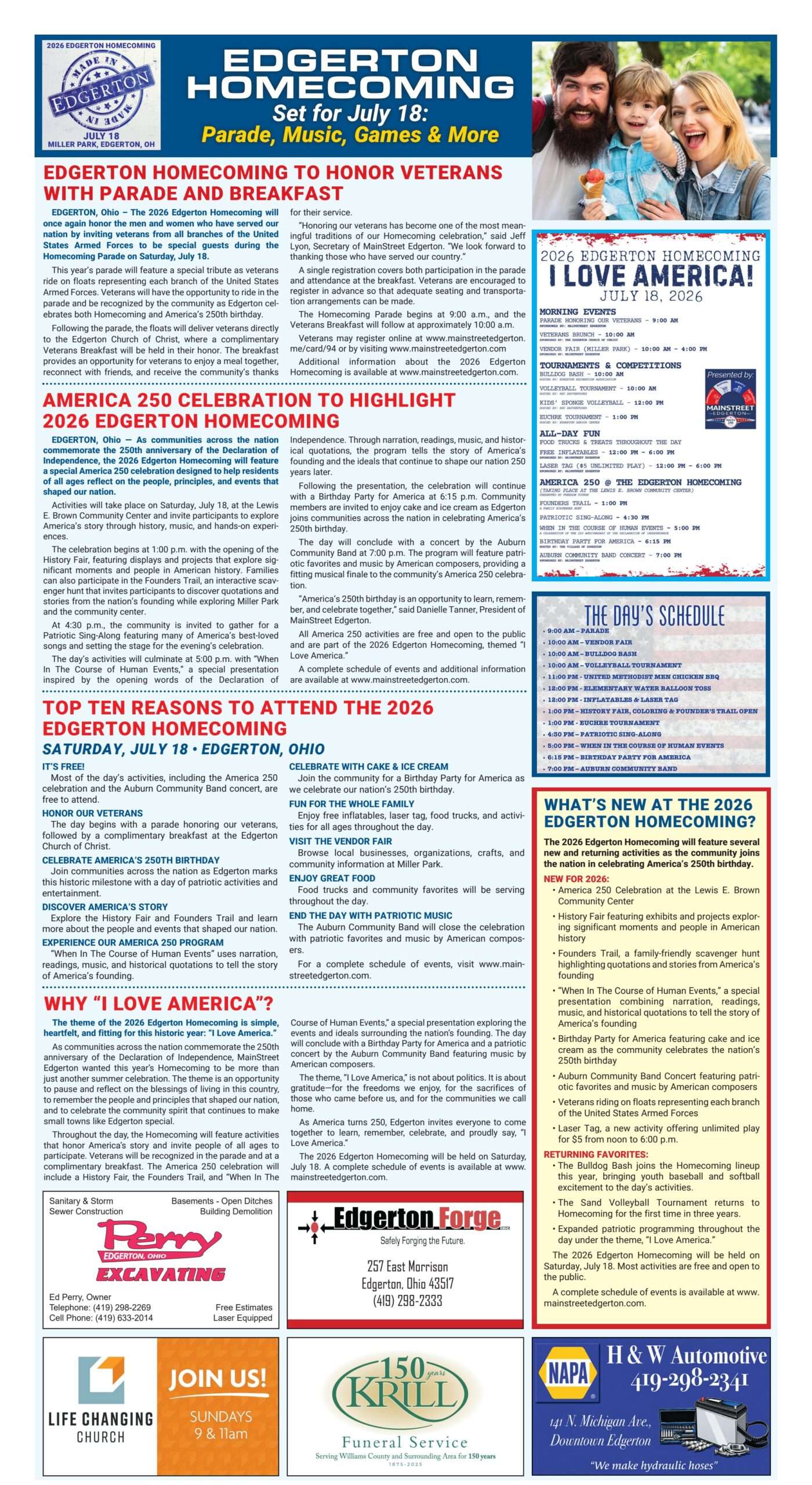 2026 Edgerton Homecoming page — parade, veterans breakfast, America 250 celebration, and full schedule of events for Saturday, July 18 at Miller Park in Edgerton, Ohio