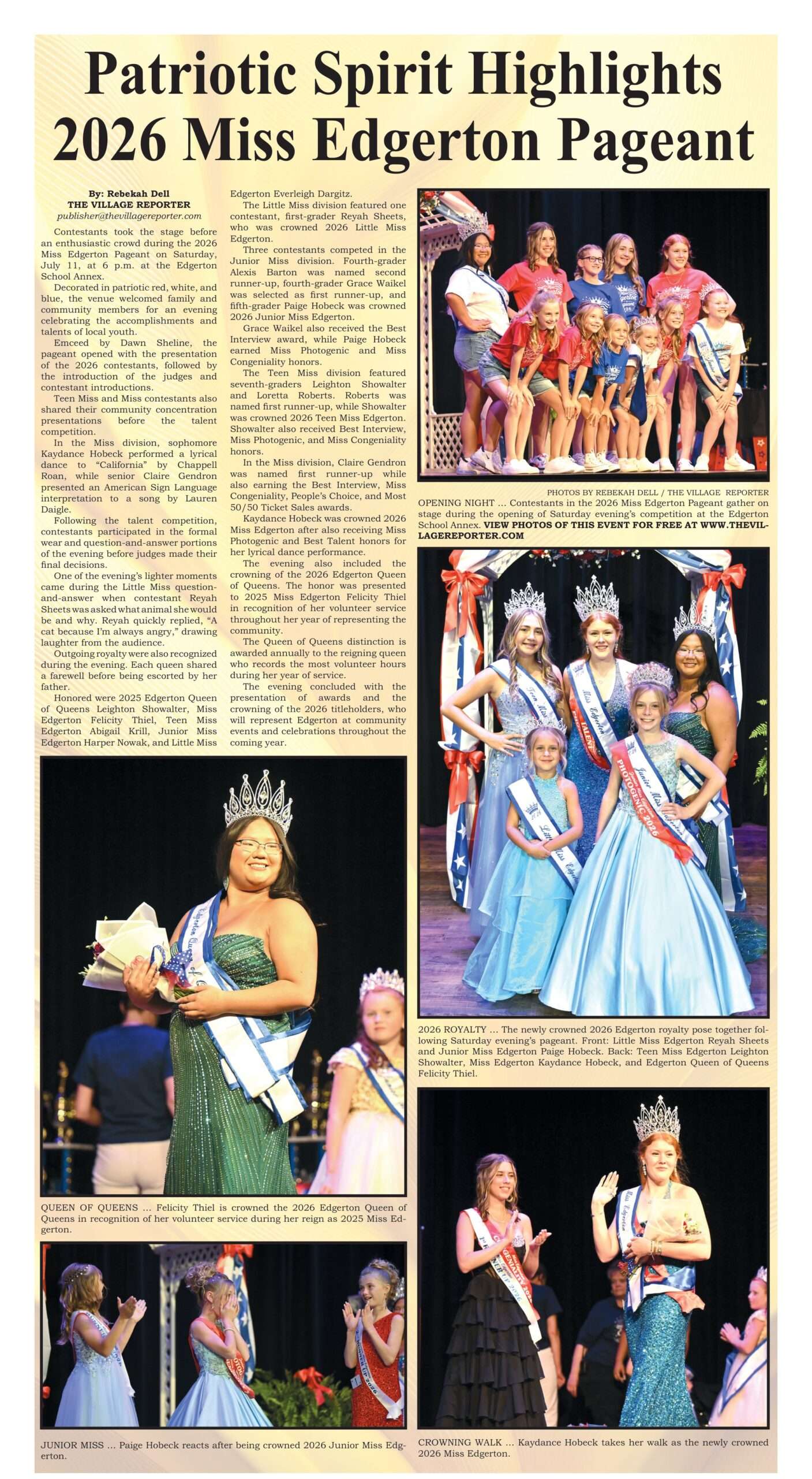Print page from The Village Reporter covering the 2026 Miss Edgerton Pageant