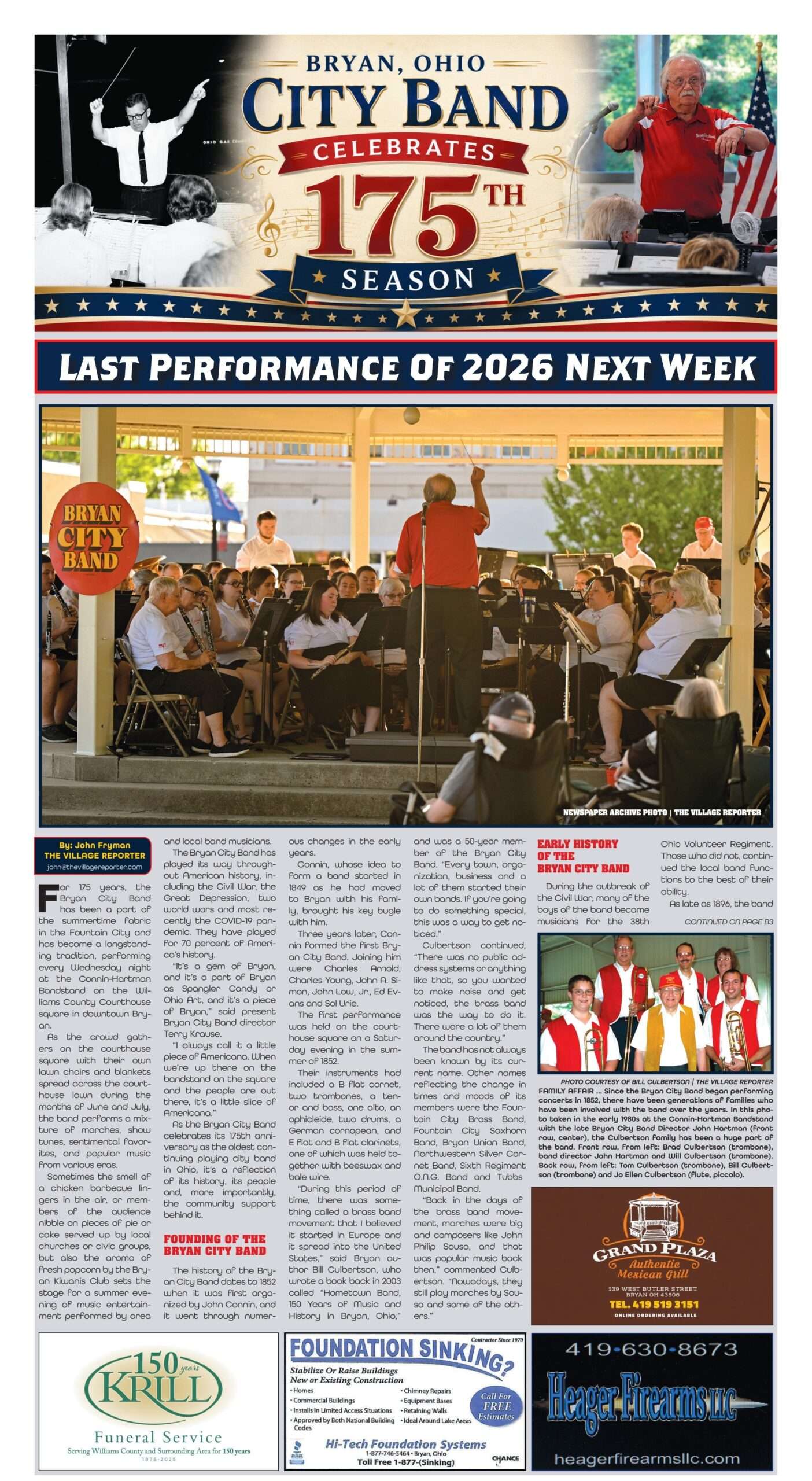 Bryan City Band 175th anniversary special section, page B1