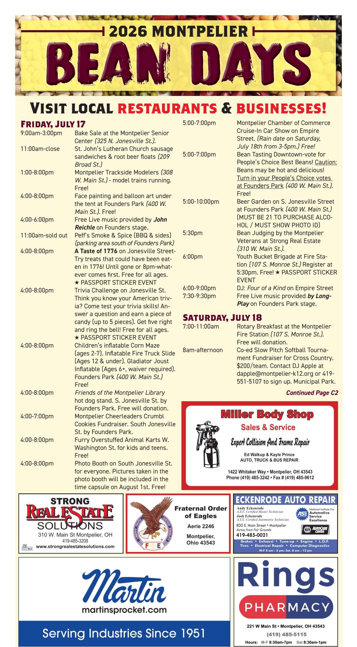 Montpelier Bean Days 2026 schedule of events, page 1