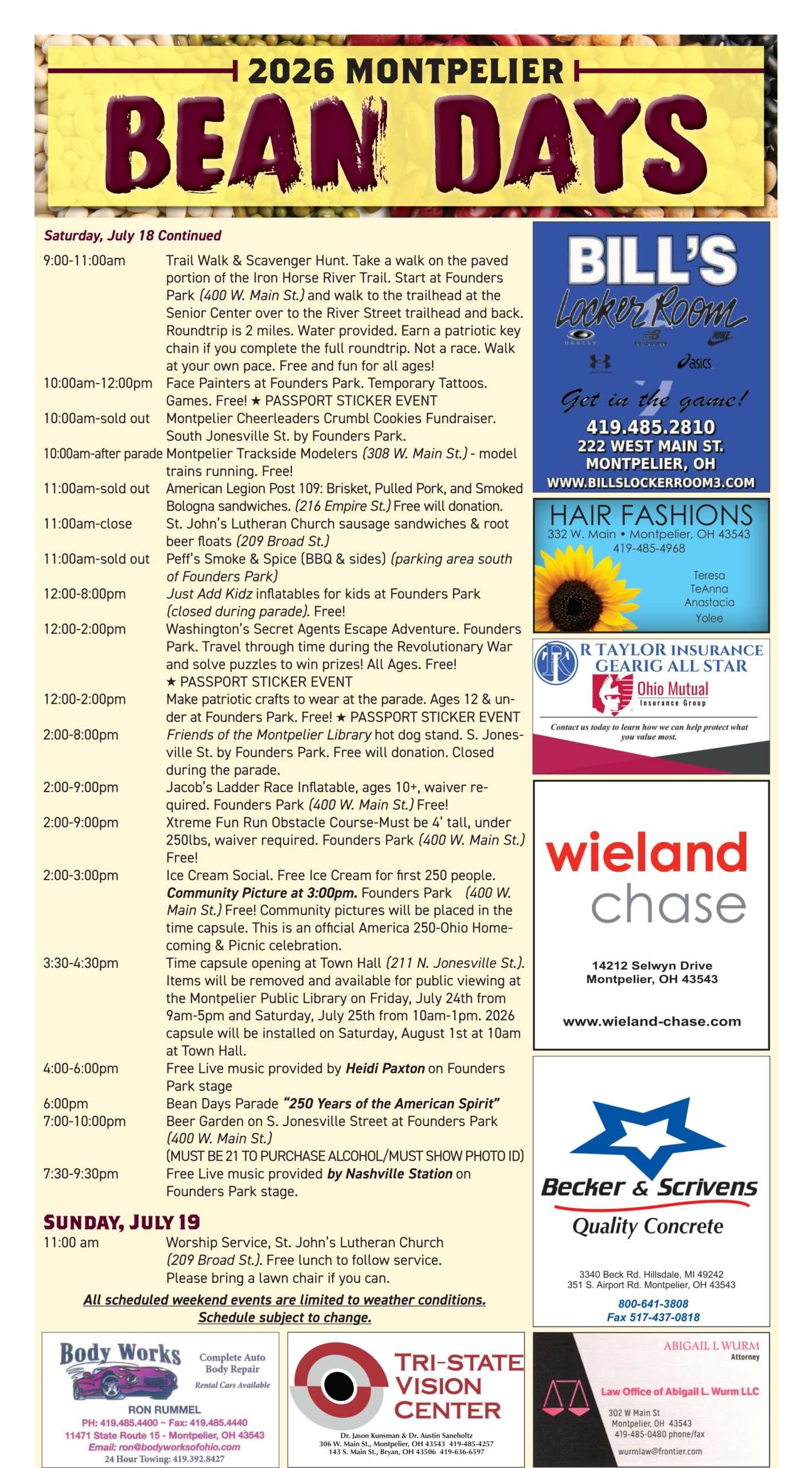 Montpelier Bean Days 2026 schedule of events, page 2