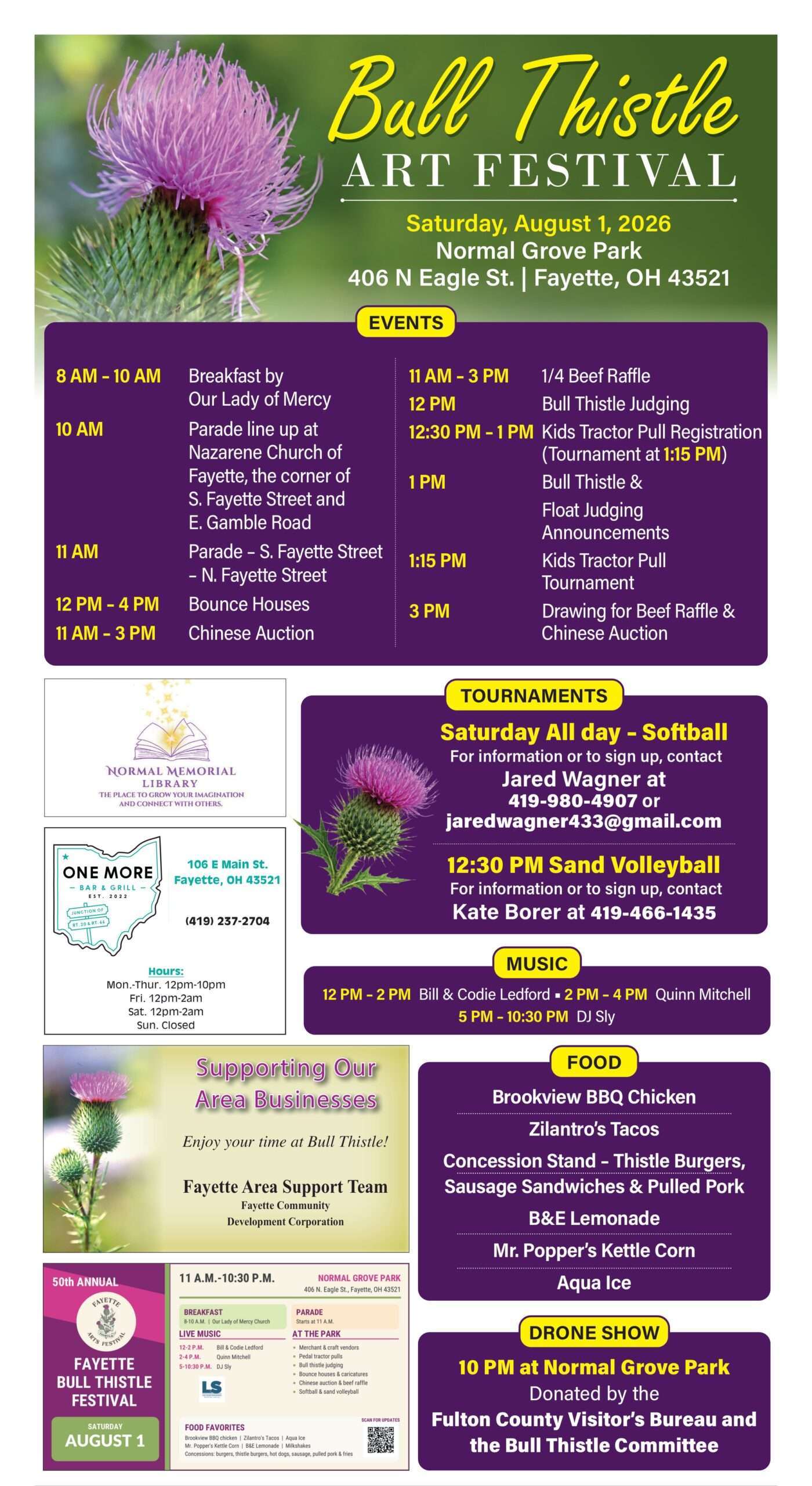 Bull Thistle Art Festival 2026 schedule of events, Saturday August 1, Normal Grove Park, Fayette, Ohio