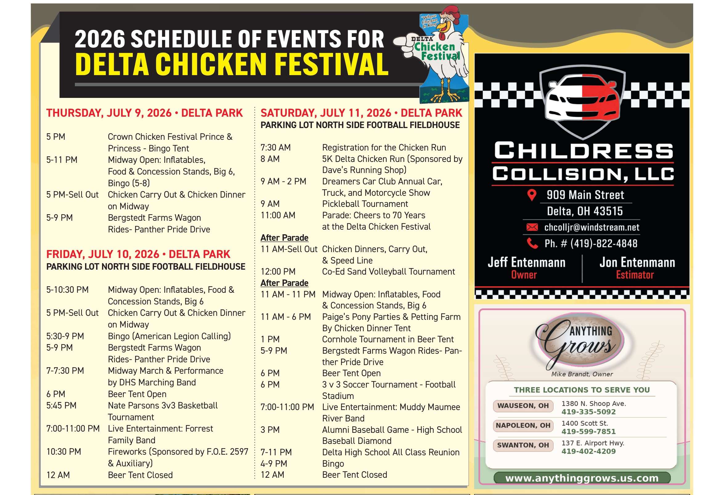 2026 Delta Chicken Festival schedule of events, Delta Park, July 9-11, 2026